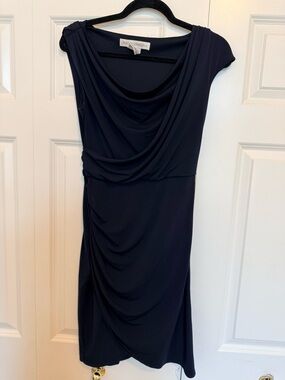 Maggy London Navy Draped Midi Sheath Dress